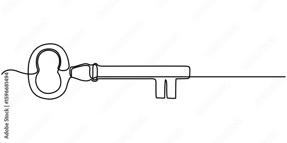 Single old key drawing in style of one continuous line black color. Self drawing, old key continuous one line drawing key continuous line vector illustration design. 