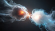 © ranzartdesign - Abstract digital art of two swirling energy clouds made of transparent, smoky fluid lines. dark background