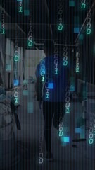 Wall Mural - walking through industrial workspace, person with binary code animation overlay