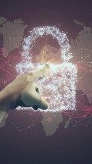 Wall Mural - interacting with digital lock, hand over world map and network animation