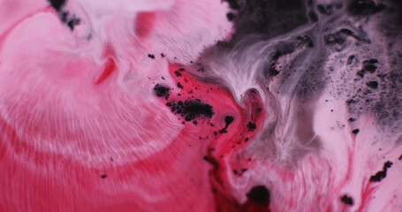 Wall Mural - Spreading paint. Color mix. Defocused pink crimson water emulsion fluid ripple stains flowing on abstract art dark black background.