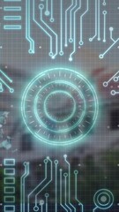 Wall Mural - digital circuit patterns and world map animation over blurred outdoor background