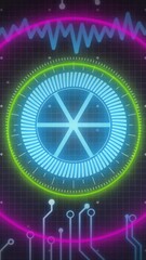 Wall Mural - neon circles and circuit patterns on futuristic digital interface grid background