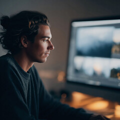A focused young man works late at a computer, illuminated by the screens glow. Ideal for depicting dedication, creativity, remote work, and technology.