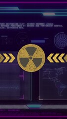 Wall Mural - displaying animation of radiation symbol on futuristic interface with world map data
