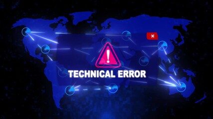 Technical Error Alert Warning Message Attack on World map. Wire frame Radar Network Seamless loop Motion Background. UI Elements HUD Sci Fi interface. Digital global world map and technology concept.