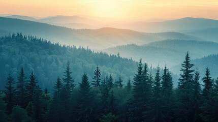 Naklejka na meble Scenic mountain range landscape with layers of forested hills disappearing into the hazy sunrise sky.