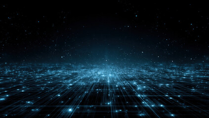 Abstract blue digital background with glowing particles and grid lines on dark space