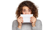 © Wasabi - Woman with curly hair holds white envelope close to her face, showing tearful eyes and emotional expression, isolated on transparency background
