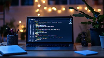 A programmer's desk with a laptop showing code and a cozy light background in the evening