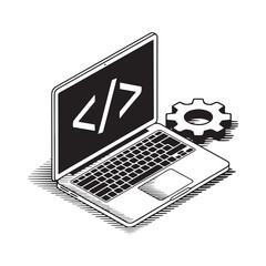 modern laptop displaying code symbols and a gear icon representing software development and engineer