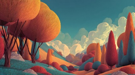 Wall Mural - Vibrant landscape illustration featuring stylized trees in shades of orange, red, and blue, with fluffy clouds and rolling hills creating a whimsical, colorful atmosphere