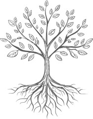 Wall Mural - illustration of tree with branches and roots in black and white sketch style. vector illustration