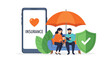 © meeblues - Adobe illustrator vector flat style illustration of a family under an umbrella with a shield and insurance app, representing protection and life insurance concepts