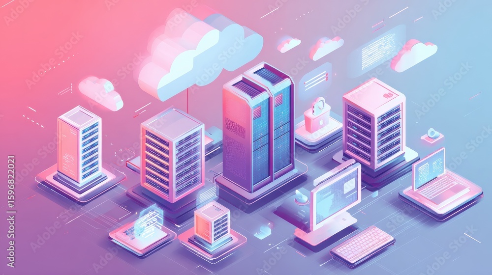 Web hosting concept. Cloud computing online database technology security computer web data center server isometric landing vector page, no logos, no brands