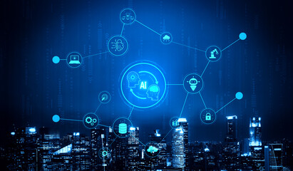 Wall Mural - ai collaboration enhances connected intelligence through robotics, data, and cloud. ai collaboration