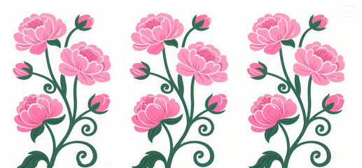  Decorative botanical pattern with blooming pink peonies with green stems and leaves, symmetrical floral pattern on a clear white background.  
