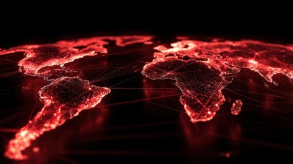 Wall Mural - glowing red world map network.