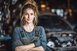 © Oleh - Skilled female mechanic stands confidently in her auto repair shop, holding a wrench and wearing work overalls, embodying expertise and empowerment in a traditionally male dominated field