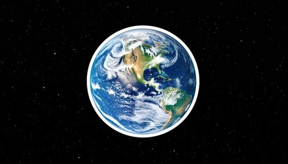 Wall Mural - Sticker style illustration of planet Earth in outer space. Earth at center with black and white star background. Circular sticker with atmospheric light effect.