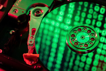 on the hard disk, the binary code is displayed in green numbers