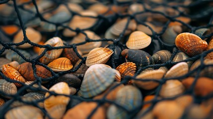Seashells and pebbles caught in a fishing net