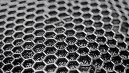 Close Up View Of Hexagonal Metal Mesh Structure In Monochrome with Textured Surface