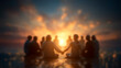 © ZaStock - Individuals sitting in a circle holding hands at sunset. Soft hues of orange and yellow illuminate the scene on calm waters. Concept of wellness, meditation, spiritual gatherings
