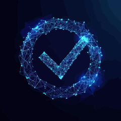 Wall Mural - digital polygonal check mark composed of interconnected blue glowing network lines and dots in circu