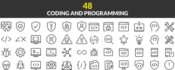 Collection of Coding and Programming Icons Representing Development, Security, and Debugging Concepts with a Minimalist Line Art Style