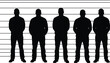 © Hasem Creative - Police lineup silhouette with five suspects standing against height chart, criminal identification vector, law enforcement mugshot scene for crime, justice, investigation concepts