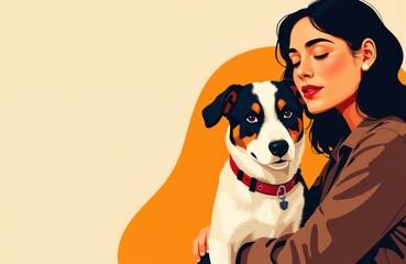 woman with dark hair and closed eyes cuddles a small dog with black, white, and brown fur against a 