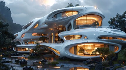 Innovative office building with automated systems, sustainable design elements, and a futuristic facade