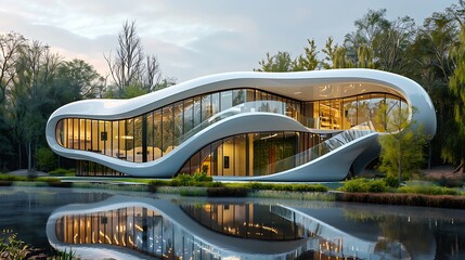 Innovative office building with automated systems, sustainable design elements, and a futuristic facade
