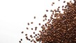 © Pete - Top view roasted coffee beans scattered on white background. Rich brown color contrast highlights bean texture. Aromatic caffeine stimulant for hot morning espresso java drink. Simple, minimalistic