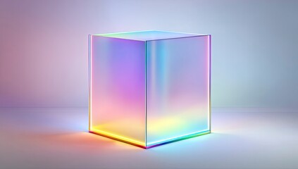 Illuminated glass cube on white studio background; product display