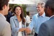 © Danny - Business Meeting Handshake: A group of smiling professionals exchange handshakes during an outdoor business meeting, symbolizing collaboration and successful networking.