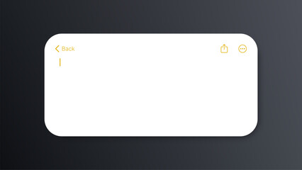 Blank white notes interface for digital diary and quick memo. Minimalist ui design with text cursor, share arrow.
