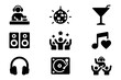 © LOBSTER LARRY - Music and party icons set: dj, dance, and celebration symbols in silhouette style