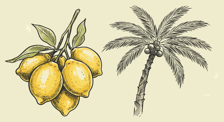 Exotic fruit illustration featuring vibrant lemons and a tropical palm tree design
