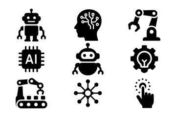 Wall Mural - Robots and ai technology icons: innovation and automation concept in black and white