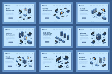 Wall Mural - large set of isometric landing page template. modern technology concept for cloud technology, web ho