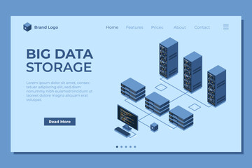 Wall Mural - isometric monitoring big data storage landing page. data transmission technology. online hosting tec