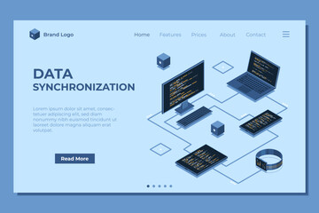 Wall Mural - isometric transfer data between different devices landing page. synchronizing data between laptop, s