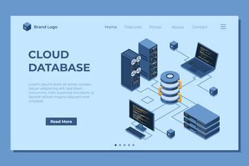 Wall Mural - isometric modern cloud database and networking landing page. computer service technology. supercompu