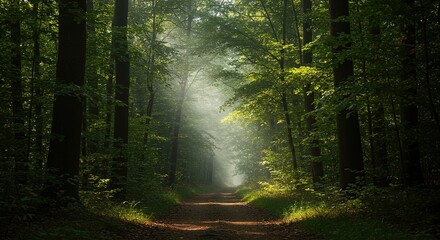  Forest path with sunlight shining through trees creating a bright ethereal atmosphere.