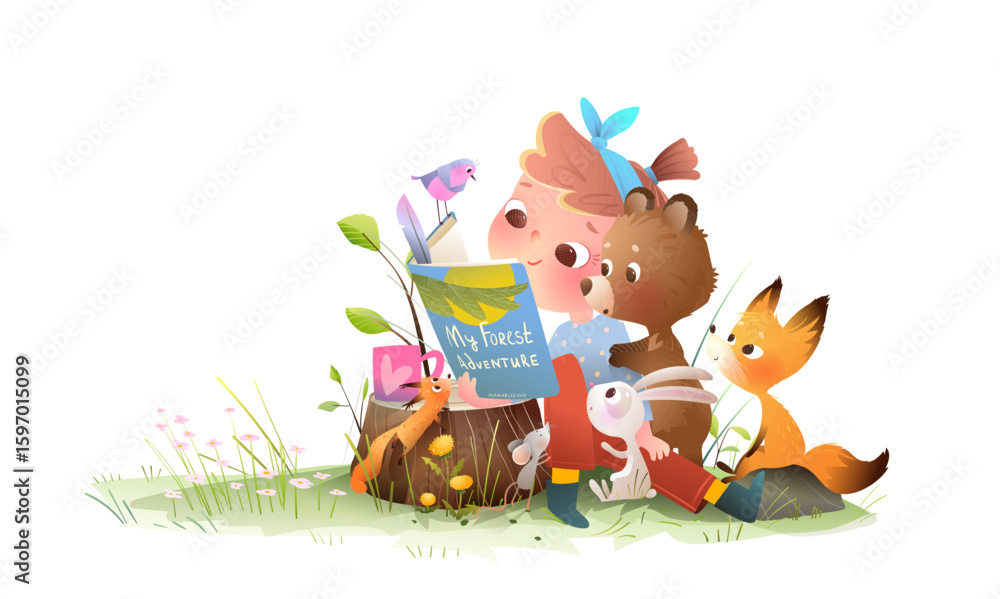 Cute girl sitting on grass reading a book outdoors with forest animals ...