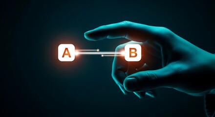 API integration concept. Developer's hand connects two app icons with a single glowing line on a holographic interface, symbolizing software connectivity.