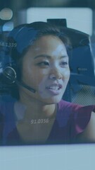 Sticker - animation of data processing over asian businesswoman using phone headset