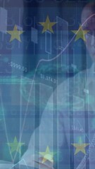 Sticker - animation of data processing and flag of eu over caucasian businessman talking on phone